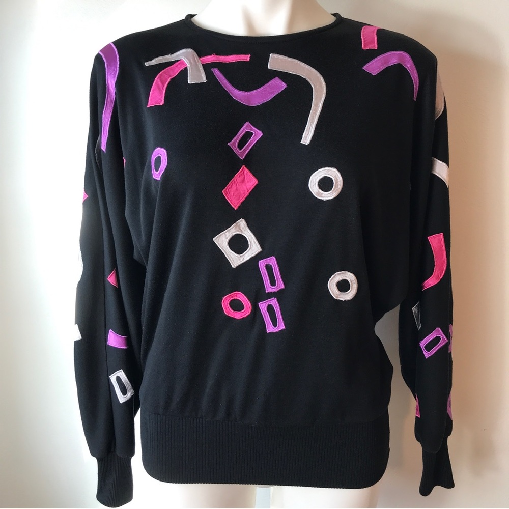 Vintage 80s Sweatshirt Top, Hong Kong, Black, Hot Pink Magenta, Purple, Silver,